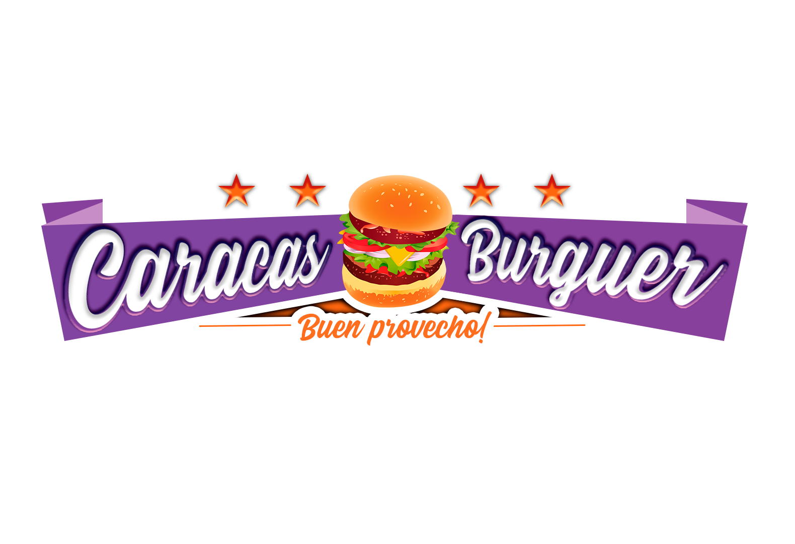 Caracas Burguer logo with purple banner, burger icon, and orange “Buen provecho!” text