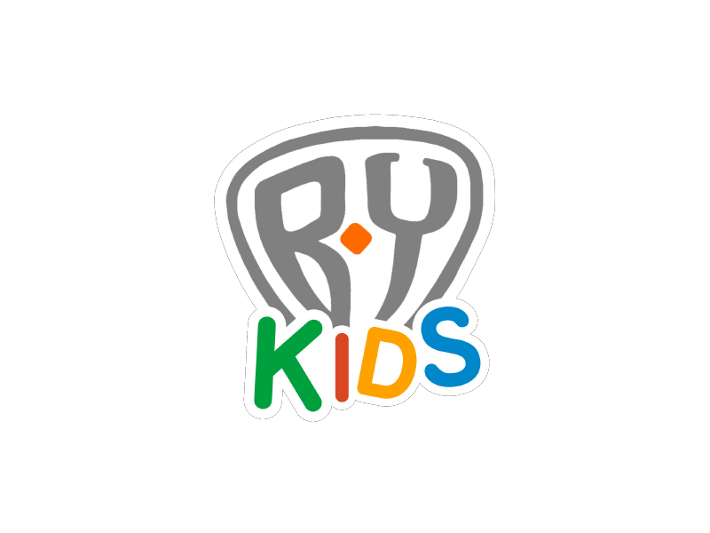Logotipo de RYT Kids con escudo gris, punto naranja y texto colorido