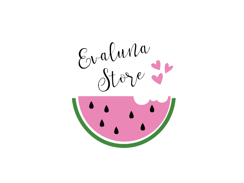 Logotipo de la tienda Evaluna con una rodaja de sandía rosa, cáscara verde y dos corazones sobre fondo blanco.