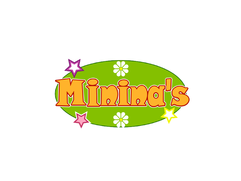 Logotipo de Minina con texto naranja sobre un óvalo verde y pequeños detalles de estrellas y flores.