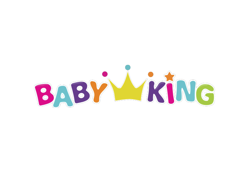 Logotipo colorido de “BABY KING” con una corona dorada sobre las letras