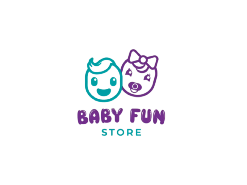 Logotipo para Baby Fun Store con dos caras de bebés sonrientes de dibujos animados en color turquesa y morado sobre un fondo blanco.