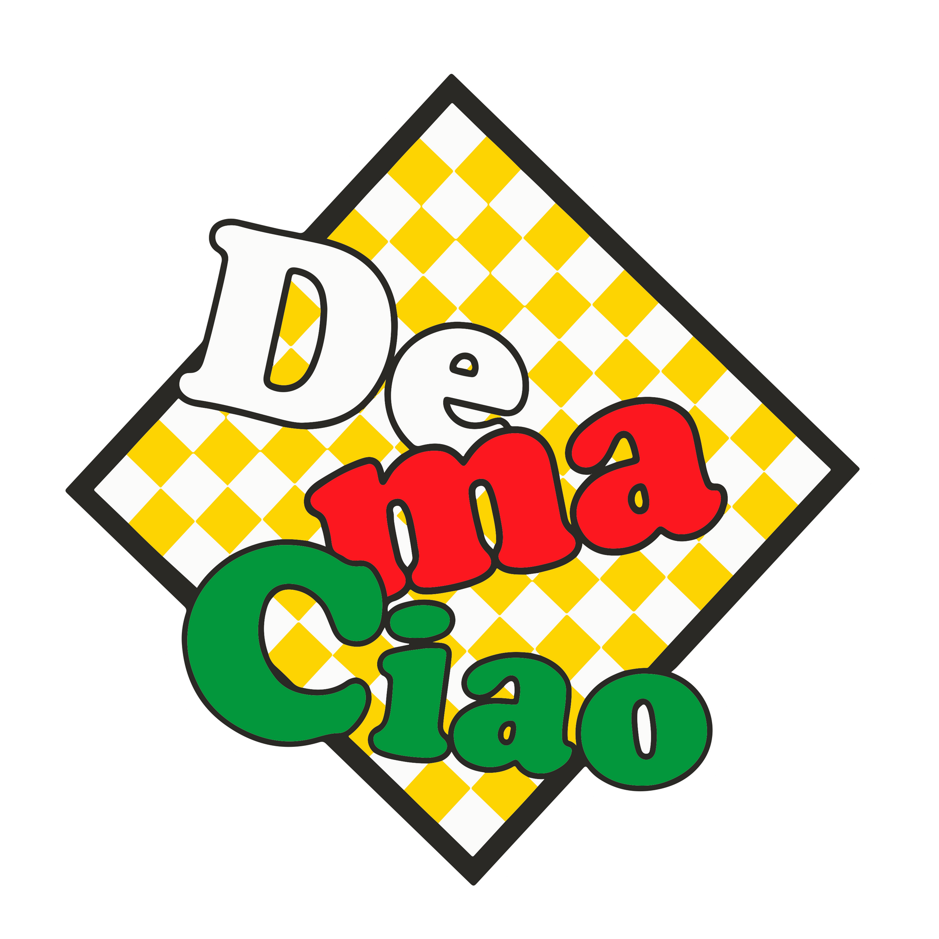 Logotipo colorido de De Ma Ciao en blanco, rojo y verde sobre un fondo amarillo a cuadros con forma de diamante.