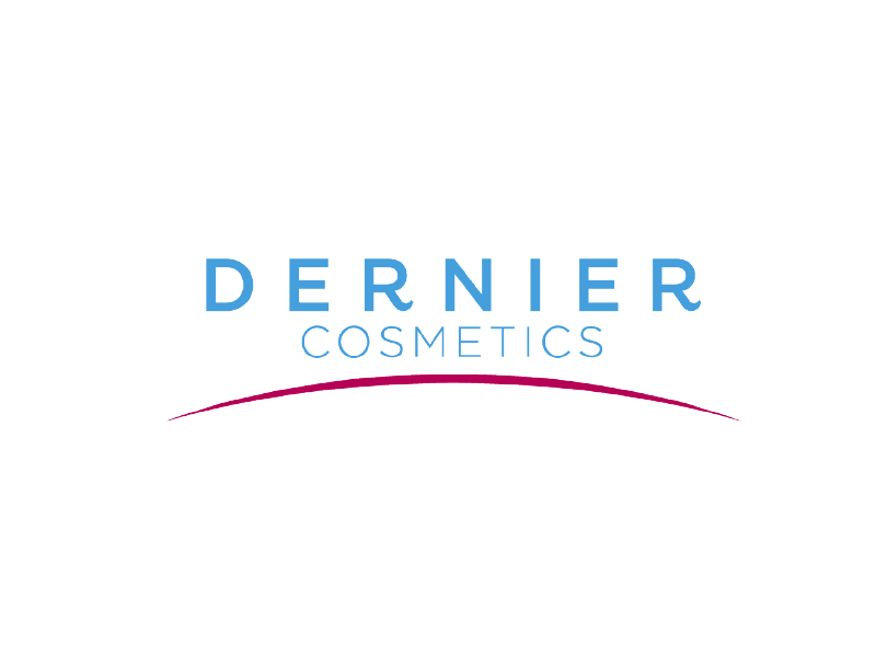 Logotipo de DERNIER COSMETICS en azul y rosa sobre fondo blanco.