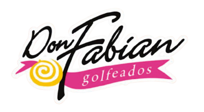 Logotipo de Don Fabian Golfedos con texto en cursiva negra, espiral amarilla y cinta rosa sobre fondo blanco.