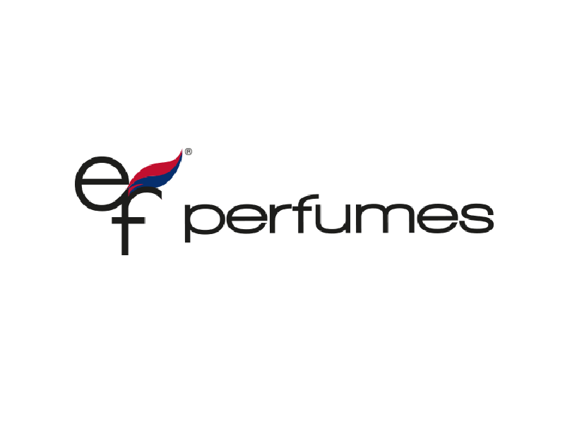 Logotipo de perfumes EF en negro con detalles en rojo y azul sobre fondo blanco.