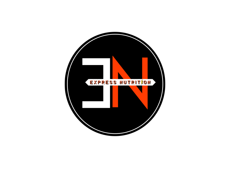 Logotipo circular negro con las letras “EN” en blanco y naranja y la inscripción “Express Nutrition” en el centro.