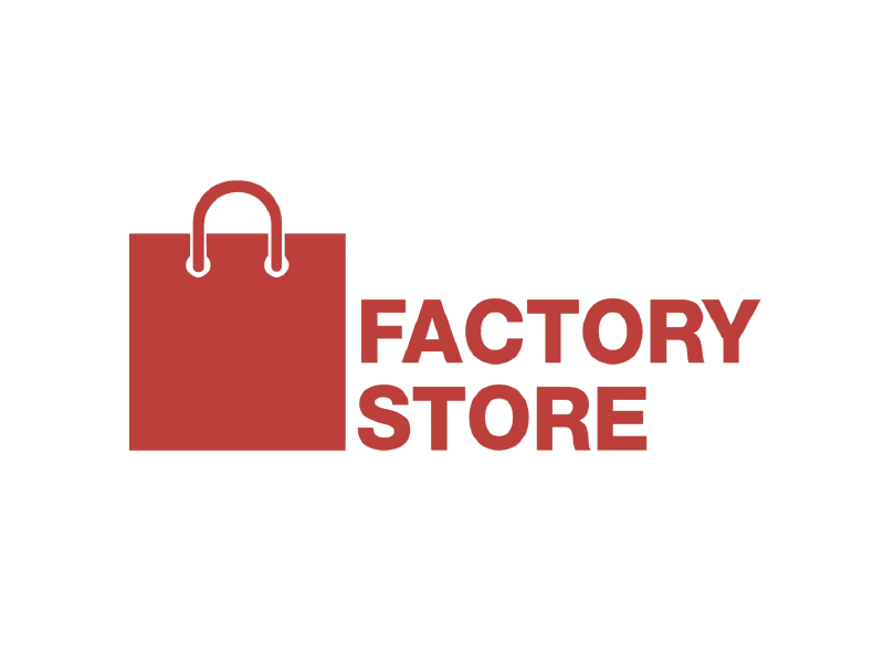 Icono de bolsa de compras roja junto al texto “FACTARY STORE” en rojo.