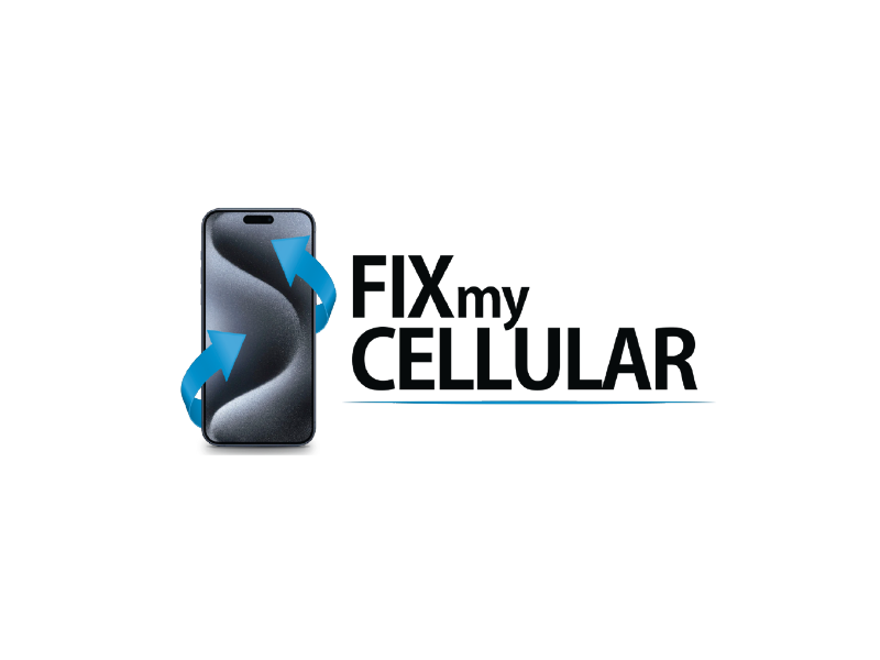 Logotipo de FixMy Cellular con un teléfono inteligente negro y una cinta azul sobre un fondo blanco.