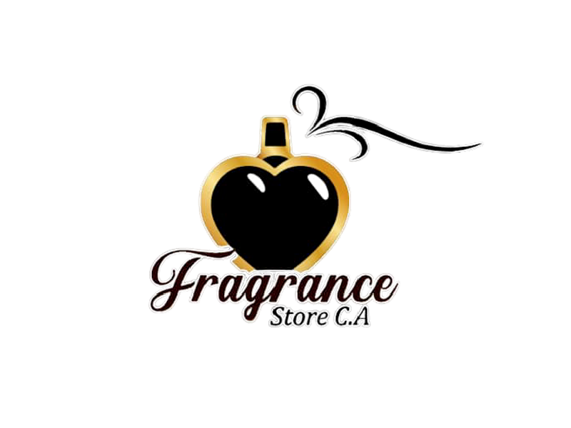 Logotipo de Fragrance Store CA con frasco de perfume negro y dorado y texto cursivo sobre fondo blanco.