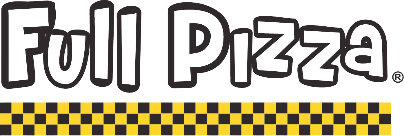 Logotipo de Full Pizza en blanco y negro sobre un borde a cuadros amarillo y negro.