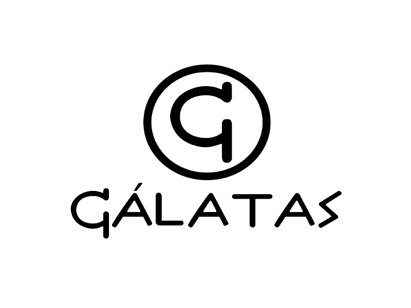 Logotipo circular negro sobre la palabra “GALATAS” en letras estilizadas.