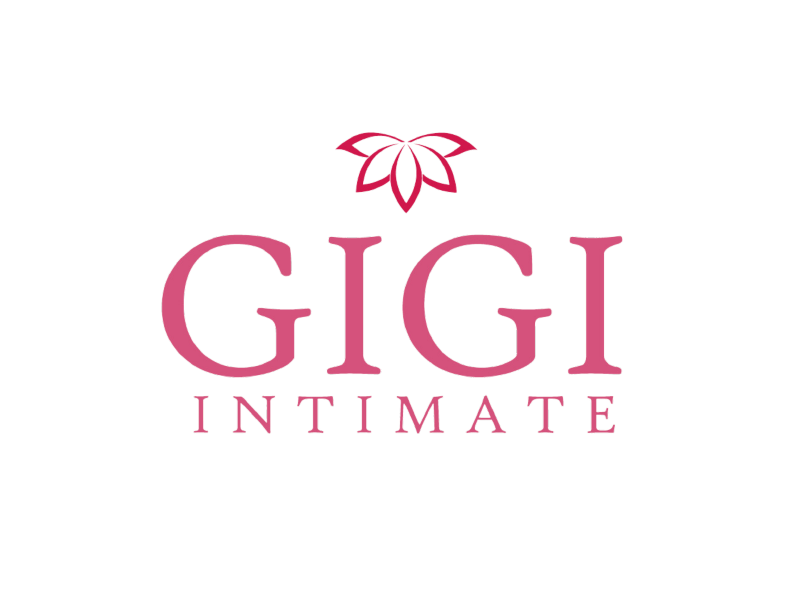 Logotipo de GIGI Intimate en rosa con un icono floral encima del texto.