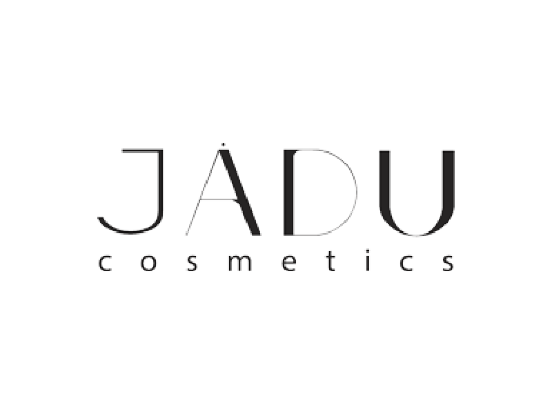 Logotipo de JADU Cosmetics en negro y gris sobre fondo blanco.