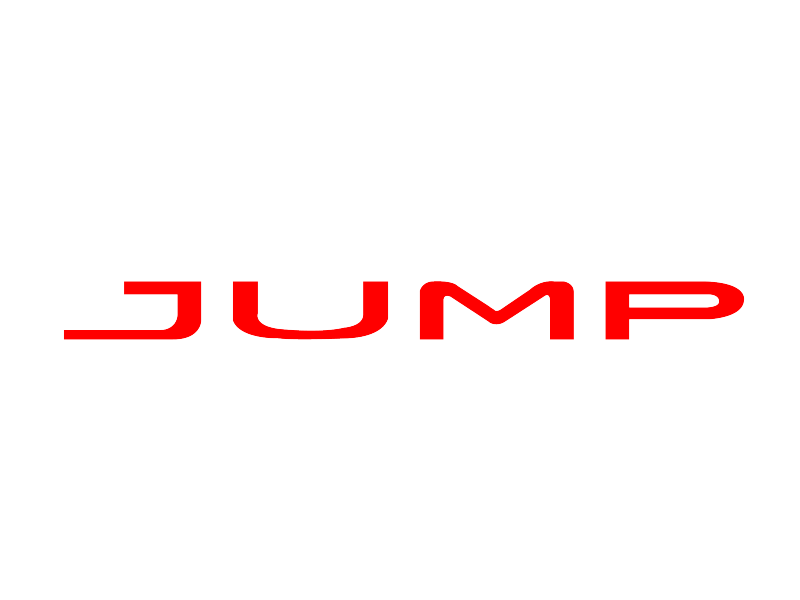 Palabra estilizada en rojo “JUMP” sobre fondo blanco