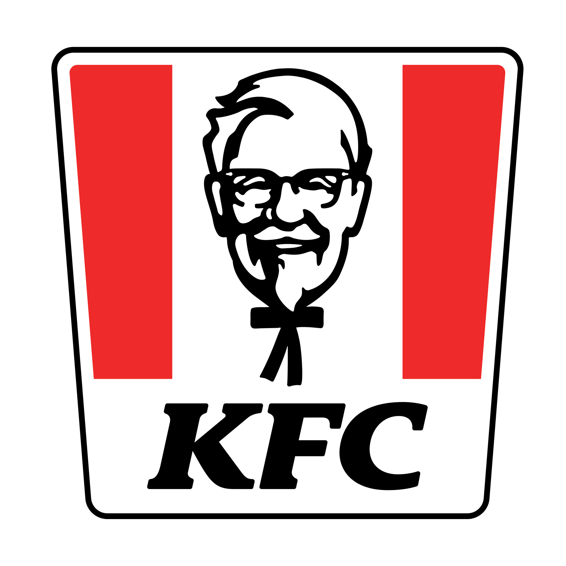 Logotipo de KFC con el Coronel Sanders sobre letras negras en negrita sobre un cubo blanco con rayas rojas.