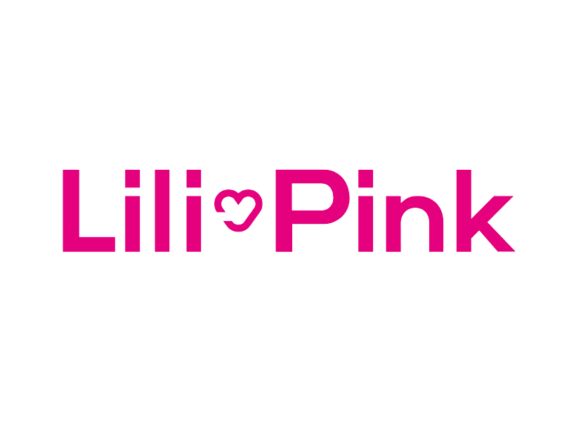 Logotipo rosa de “Lili Pink” con un icono de corazón entre las palabras sobre un fondo blanco.