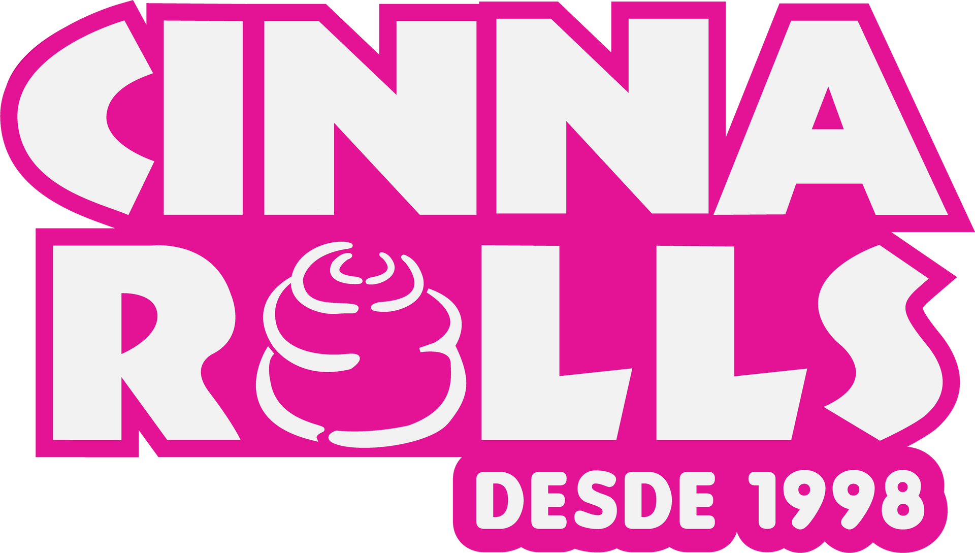 Logotipo rosa y blanco de CINNA ROLLS con un icono de rollo de canela y el texto “DESDE 1998”