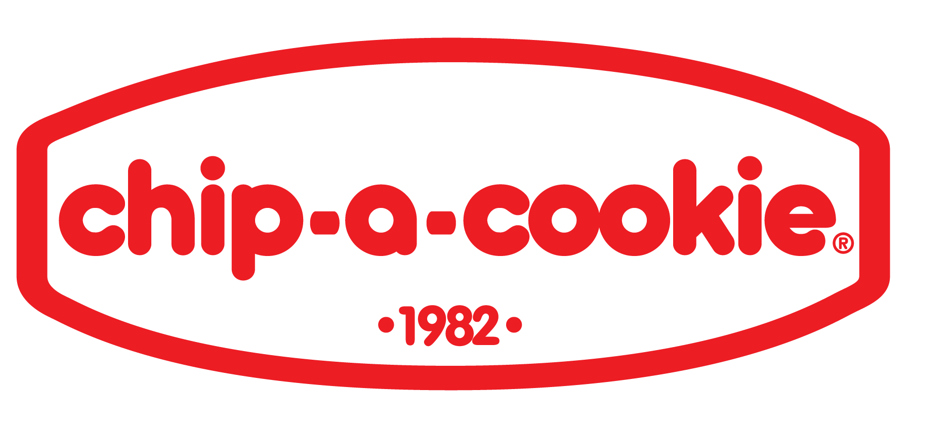 Logotipo de Chip-a-Cookie en texto rojo dentro de un óvalo rojo, con “1982” debajo.