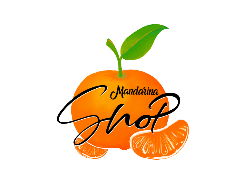 Logotipo de una mandarina con una hoja verde y las palabras “Mandarin Shot”.