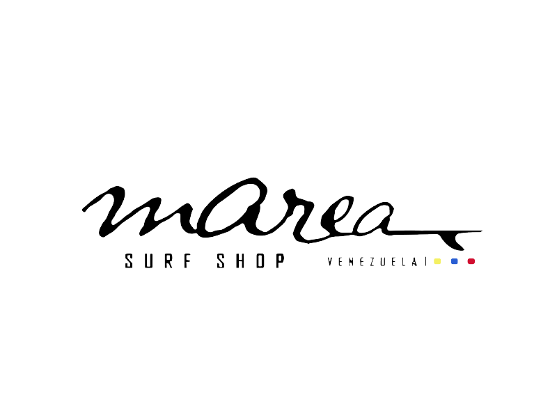 Logotipo de Marea Surf Shop en letra cursiva negra con pequeños puntos de colores sobre un fondo blanco.