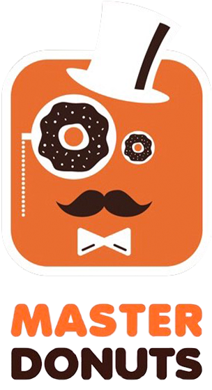 Logotipo naranja de un personaje de donut con bigote y pajarita sobre el texto “MASTER DONUTS”.