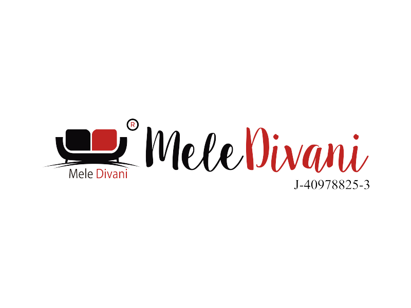 Logotipo de Mele Divani con icono de sofá negro y rojo y texto estilizado rojo y negro sobre fondo blanco.