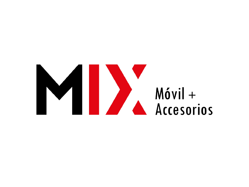 Logotipo de MIX en negro y rojo con el texto “Móvil + Accesorios”