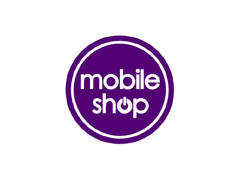 Logotipo circular morado de “tienda de móviles” sobre fondo blanco