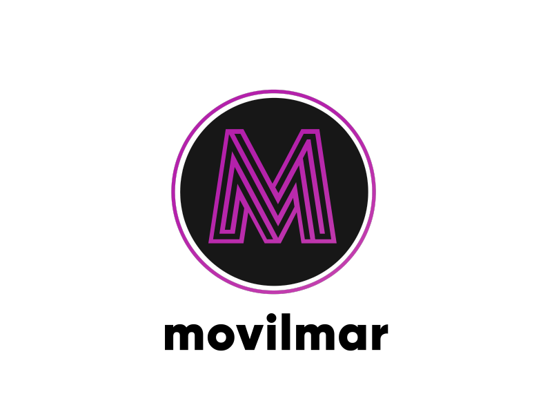 Logotipo de Movilmar: círculo negro con una M delineada en rosa neón sobre la palabra “movilmar”.