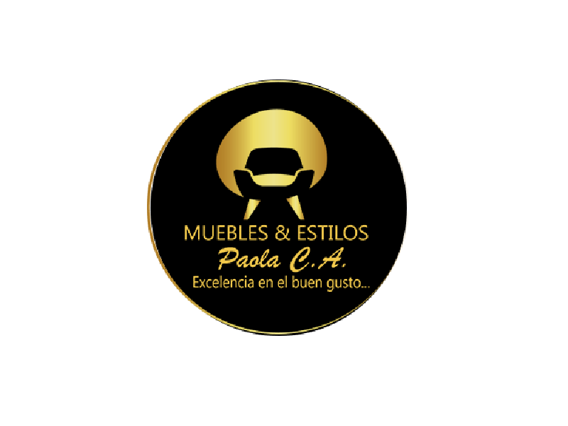 Logotipo circular en negro y dorado para “Muebles & Estilos Pasla CA” con un icono de sofá y eslogan.