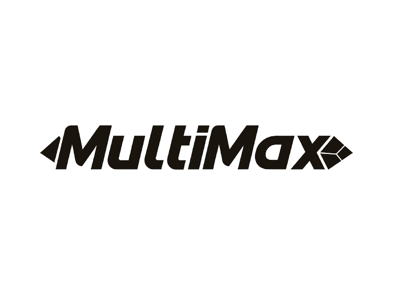 Logotipo de MultiMax en texto negro con formas de flecha sobre un fondo blanco.