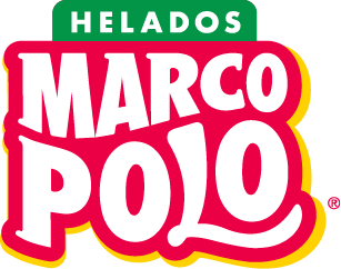 Logotipo de Helados Marco Polo en blanco, rojo, verde y amarillo.