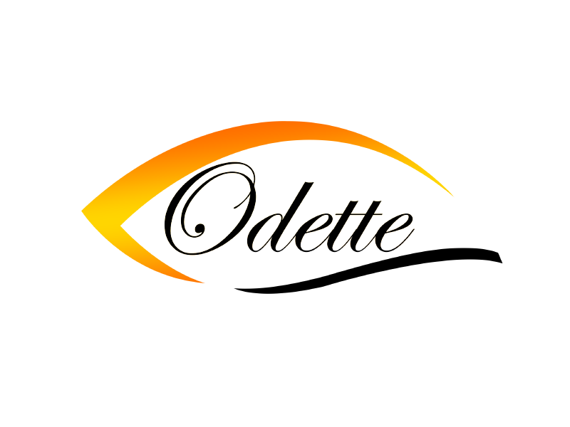 Logotipo de Odette en letra cursiva negra con una franja amarilla-anaranjada sobre un fondo blanco.