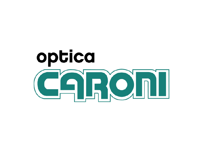 Logotipo de Óptica Caroni en negro y verde azulado sobre fondo blanco.