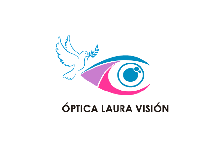 Logo de Óptica Laura Visión con un ojo azul y rosa y una paloma blanca.