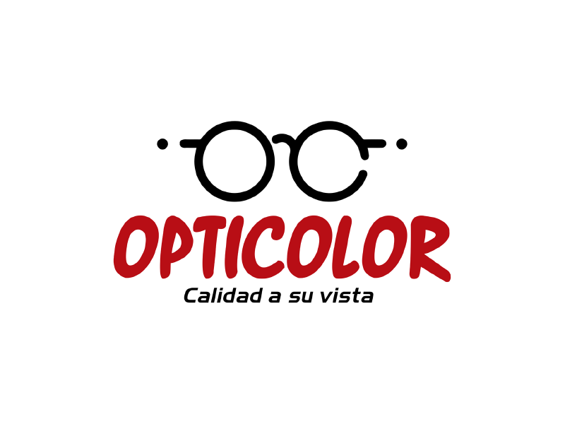 Logo de OPTICOLOR con gafas negras, texto rojo y lema “Calidad a su vista”