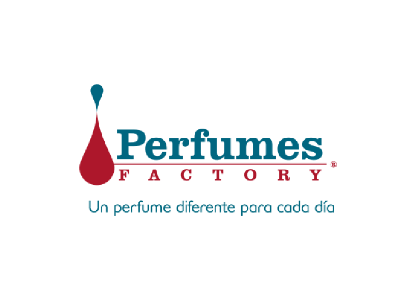 Logotipo de Perfumes Factory con texto en rojo, turquesa y azul y el eslogan