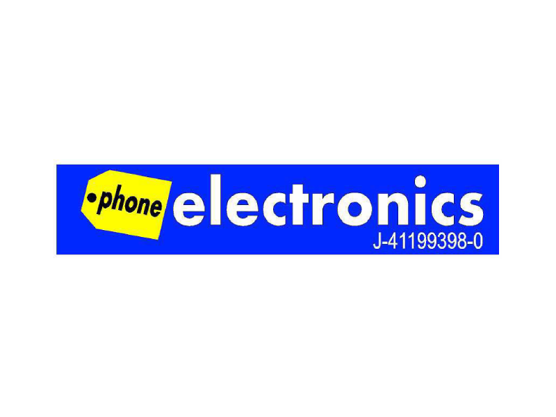 Logotipo azul de “phone electronics” con una etiqueta amarilla para teléfono y un pequeño texto de identificación negro.