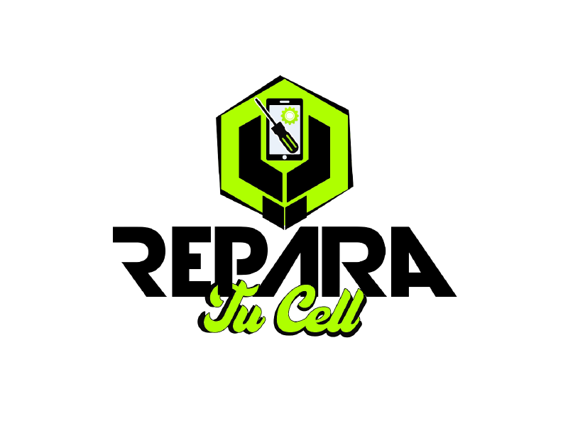 Logotipo de REPARA Tu Cell con icono de teléfono verde y negro sobre fondo blanco