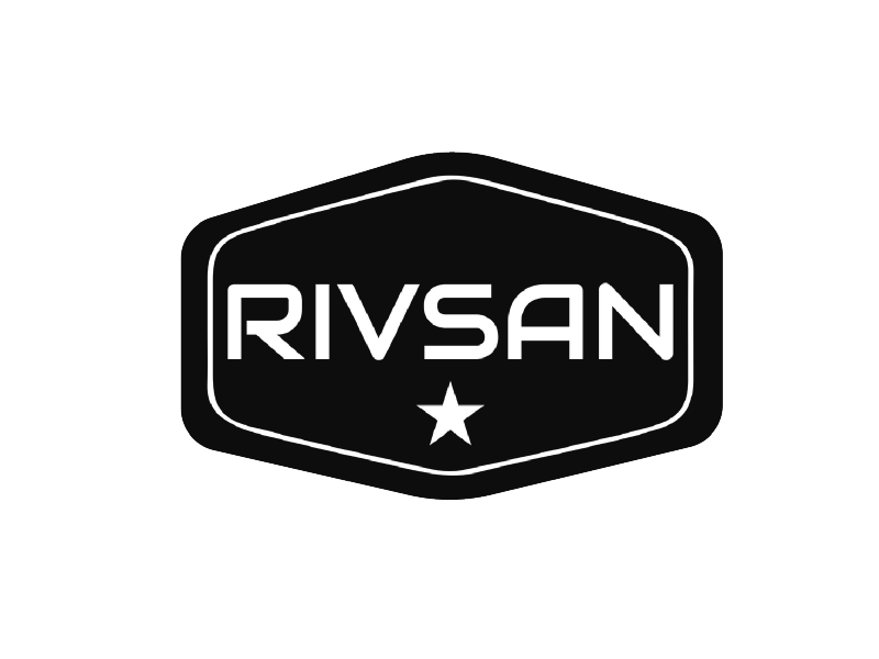Logotipo negro de RIVSAN en una insignia hexagonal con una estrella blanca debajo del texto.