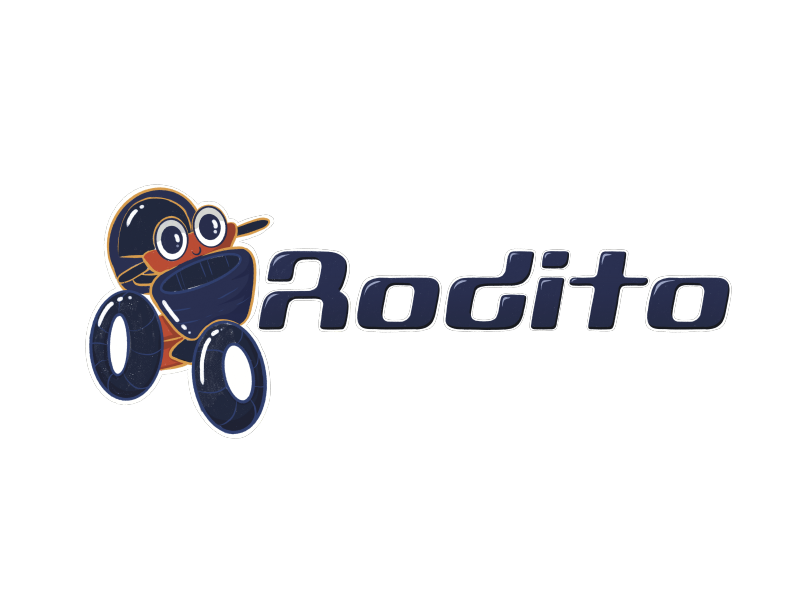 Logotipo de Rodito con una mascota estilizada en negro y naranja junto a un texto azul oscuro.