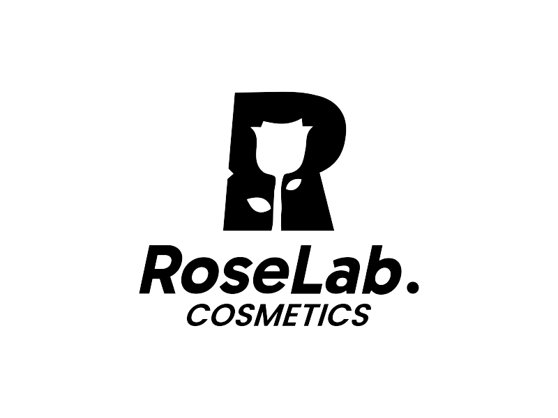 Logotipo de RoseLab Cosmetics con una “R” negra estilizada y un gráfico de una rosa encima del nombre de la marca.