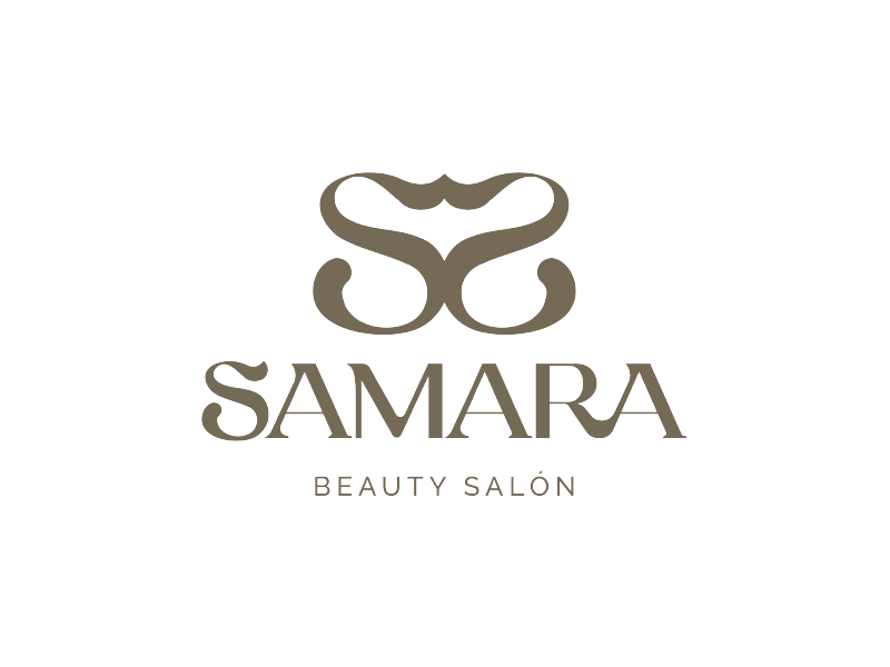 Logotipo del salón de belleza SAMARA en tonos marrones y beige sobre fondo blanco.