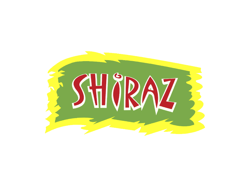 Texto estilizado “Shiraz” en rojo sobre un fondo verde con pinceladas y bordes amarillos.