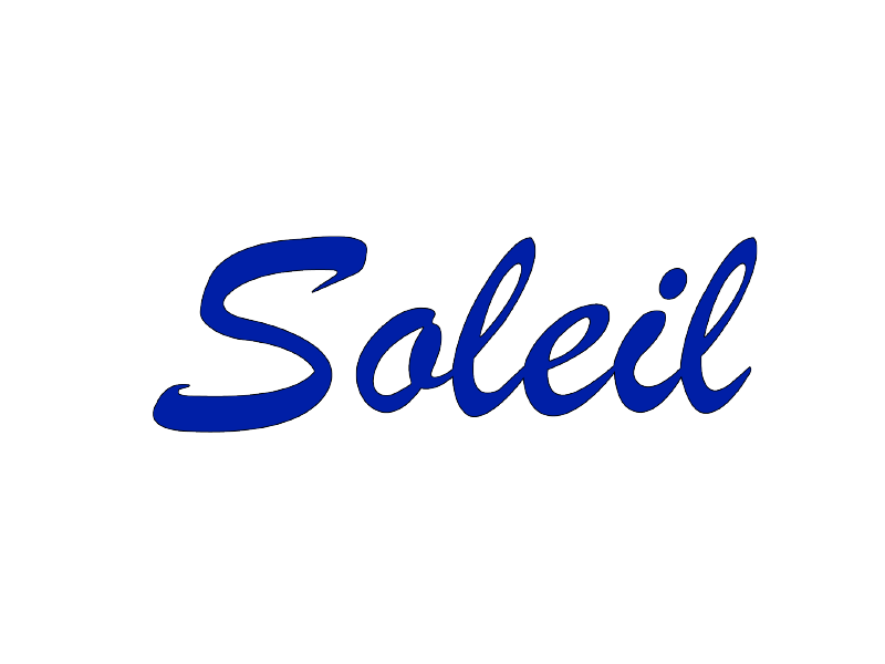 Texto “Soleil” en letra cursiva azul sobre fondo blanco