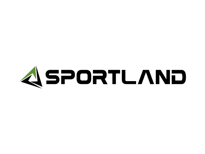 Logotipo de SPORTLAND en negro y verde sobre fondo blanco.