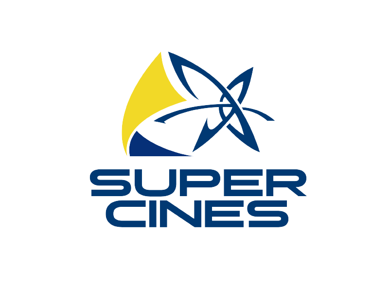 Logotipo de Super Cines en azul y amarillo con gráfico de estrella estilizada
