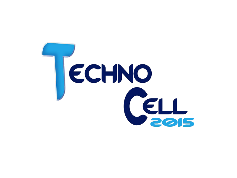Logotipo de Techno Cell 2015 en texto azul y cian sobre fondo blanco.