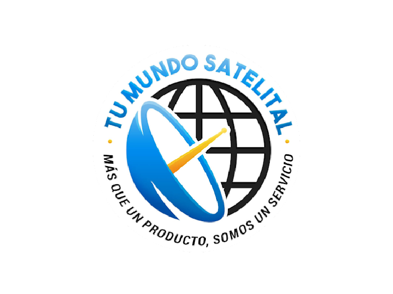 Logo de Mundo Satelital con globo, antena azul y texto circular azul y negro.